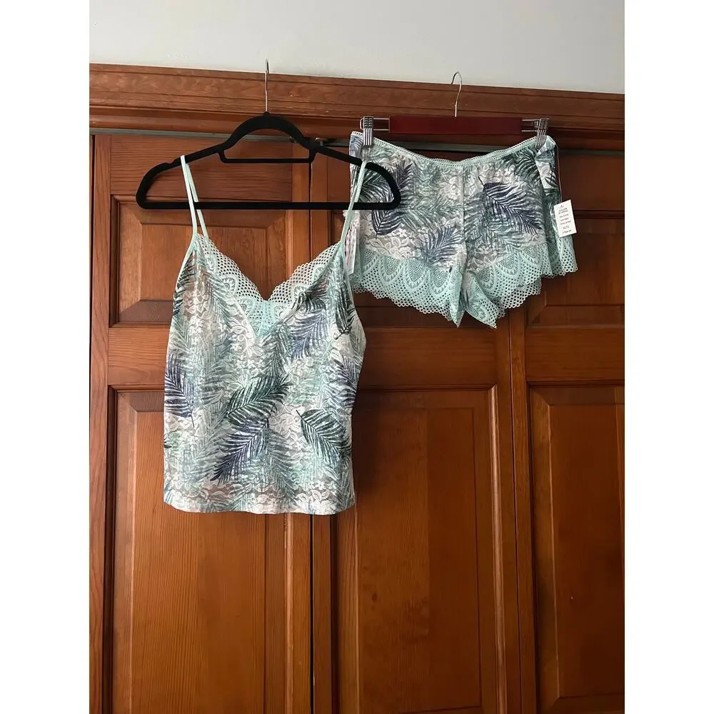 NWT In Bloom by Jonquil Women's Lace Cami & Shorts Pajama Set Aqua Palm Size XL